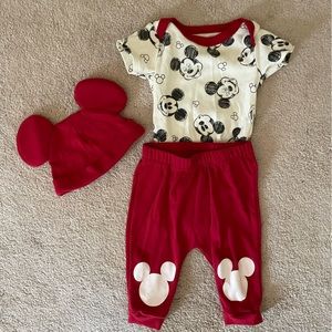 Disney Baby Mickey Mouse Outfit Red Hat with Ears Pants Onesie Size 6-9m
